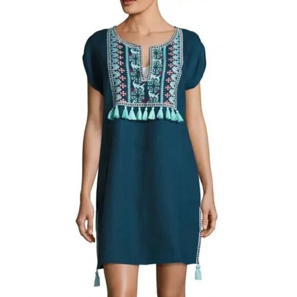 Seafolly Embroidered Cover Up Linen Dress Tassels Blue Turquoise Bohemian‎ Small - Picture 1 of 8